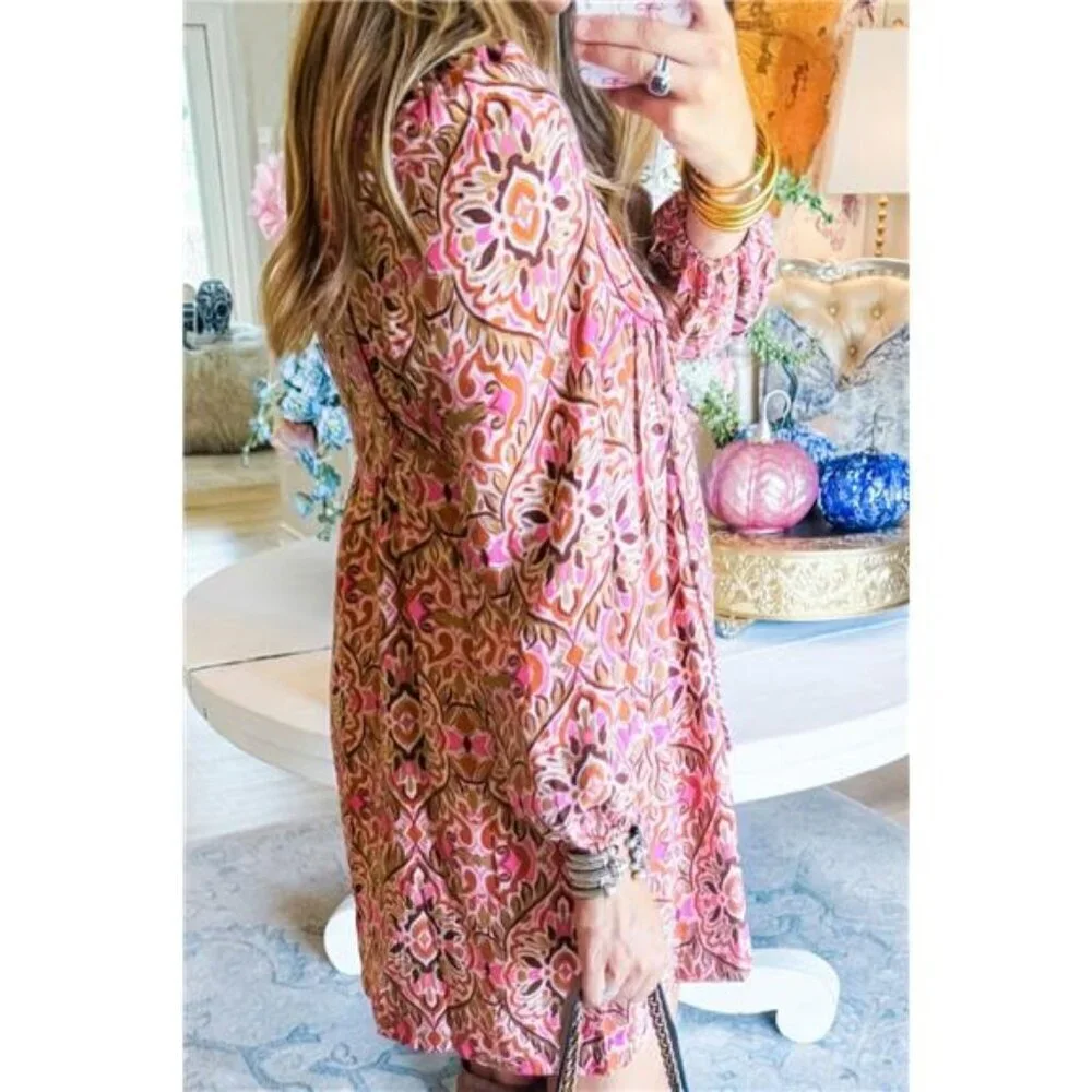 Printed Tie Neck Long Sleeve Mini Dress